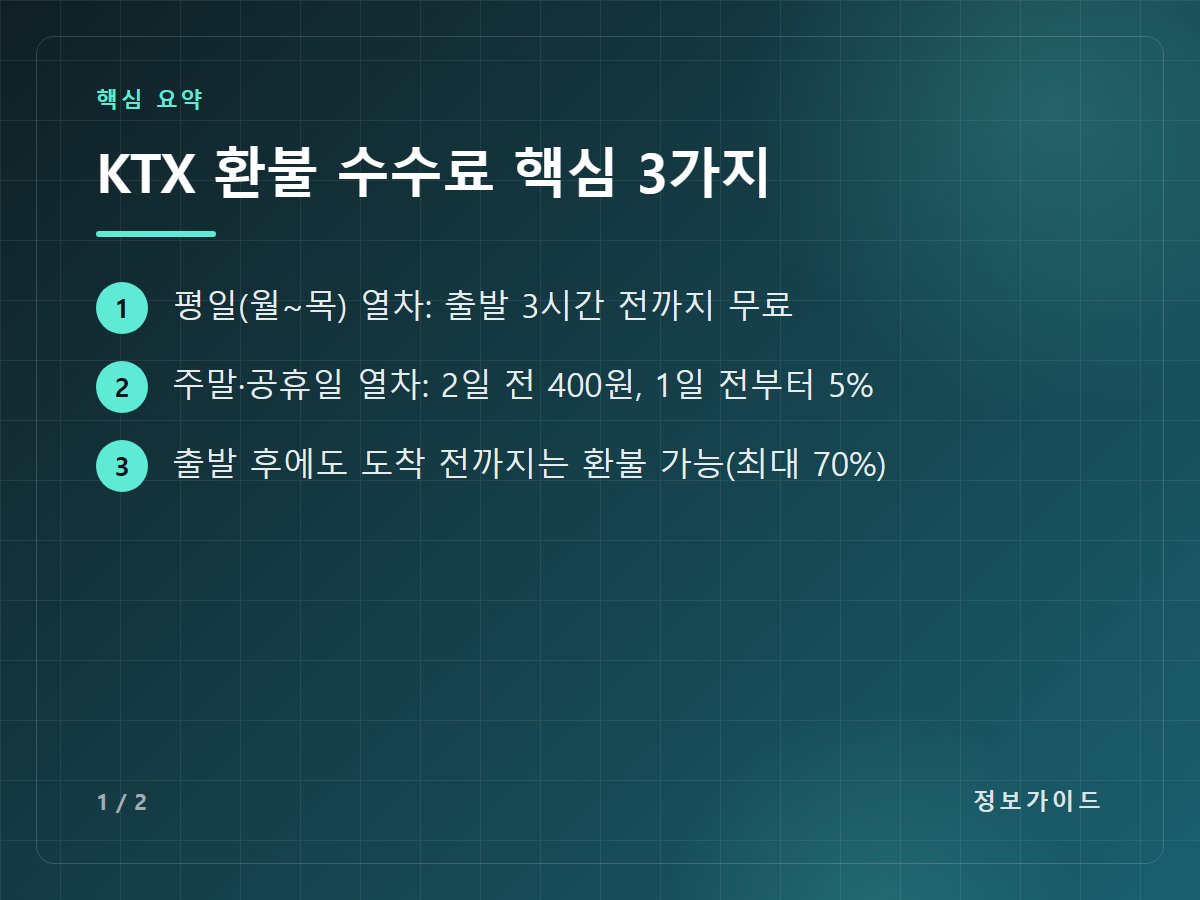 KTX 환불 수수료 핵심 3가지 — 평일(월~목) 열차: 출발 3시간 전까지 무료 / 주말·공휴일 열차: 2일 전 400원, 1일 전부터 5% / 출발 후에도 도착 전까지는 환불 가능(최대 70%)