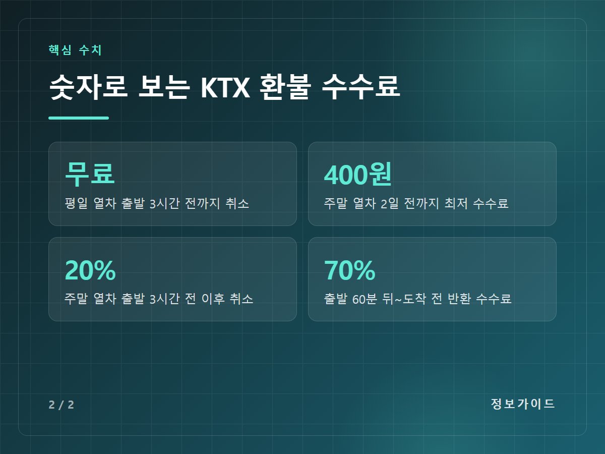 숫자로 보는 KTX 환불 수수료 — 무료 평일 열차 출발 3시간 전까지 취소 / 400원 주말 열차 2일 전까지 최저 수수료 / 20% 주말 열차 출발 3시간 전 이후 취소 / 70% 출발 60분 뒤~도착 전 반환 수수료