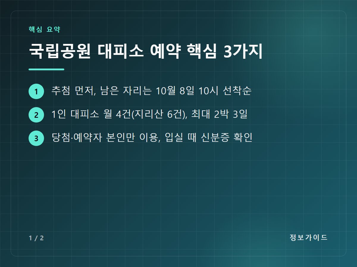 국립공원 대피소 예약 핵심 3가지 — 추첨 먼저, 남은 자리는 10월 8일 10시 선착순 / 1인 대피소 월 4건(지리산 6건), 최대 2박 3일 / 당첨·예약자 본인만 이용, 입실 때 신분증 확인