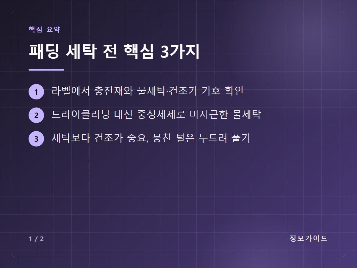 패딩 세탁 전 핵심 3가지 — 라벨에서 충전재와 물세탁·건조기 기호 확인 / 드라이클리닝 대신 중성세제로 미지근한 물세탁 / 세탁보다 건조가 중요, 뭉친 털은 두드려 풀기