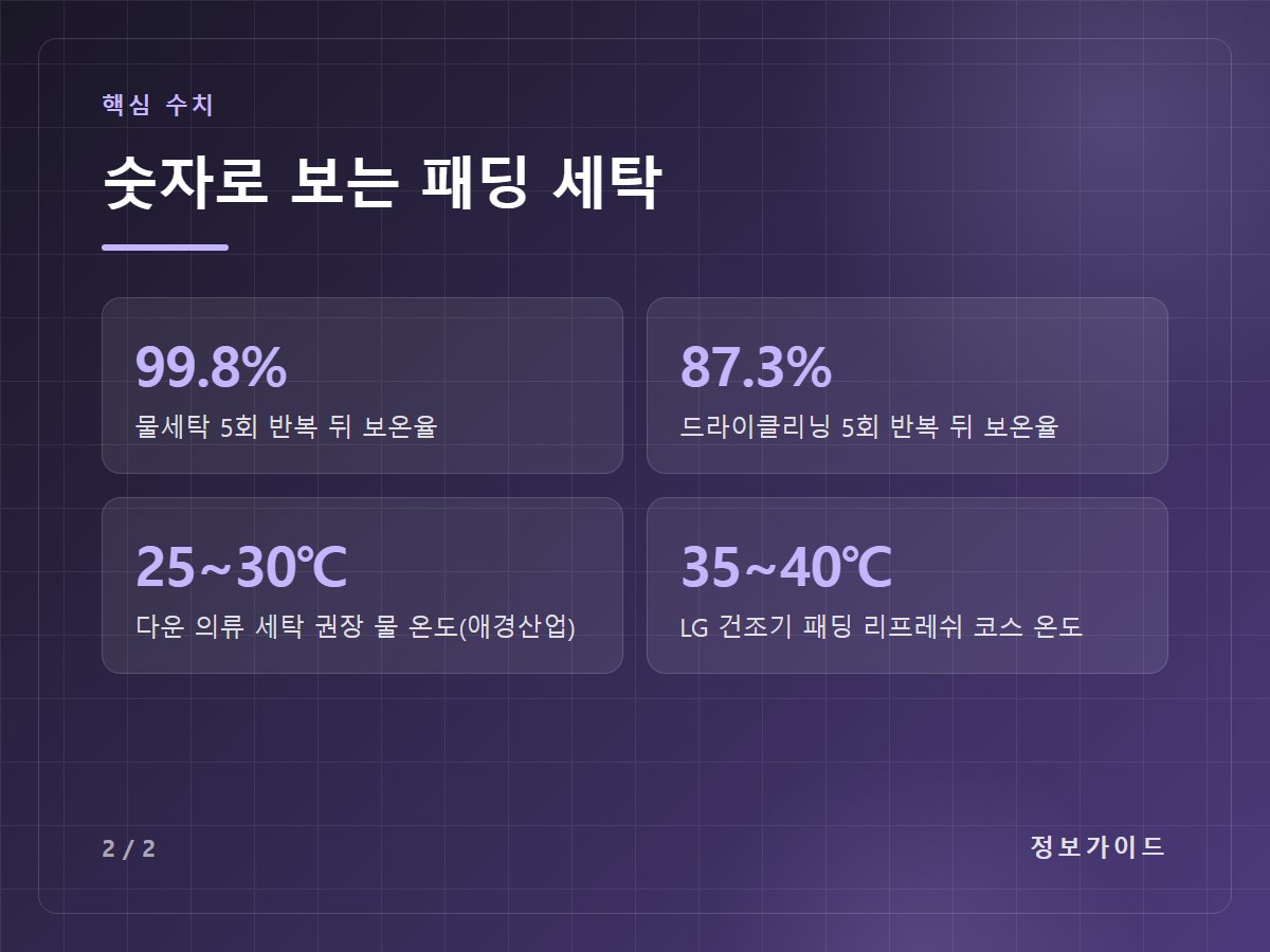 숫자로 보는 패딩 세탁 — 99.8% 물세탁 5회 반복 뒤 보온율 / 87.3% 드라이클리닝 5회 반복 뒤 보온율 / 25~30℃ 다운 의류 세탁 권장 물 온도(애경산업) / 35~40℃ LG 건조기 패딩 리프레쉬 코스 온도