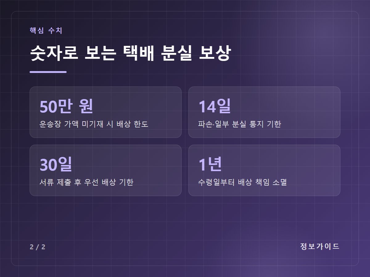 숫자로 보는 택배 분실 보상 — 50만 원 운송장 가액 미기재 시 배상 한도 / 14일 파손·일부 분실 통지 기한 / 30일 서류 제출 후 우선 배상 기한 / 1년 수령일부터 배상 책임 소멸