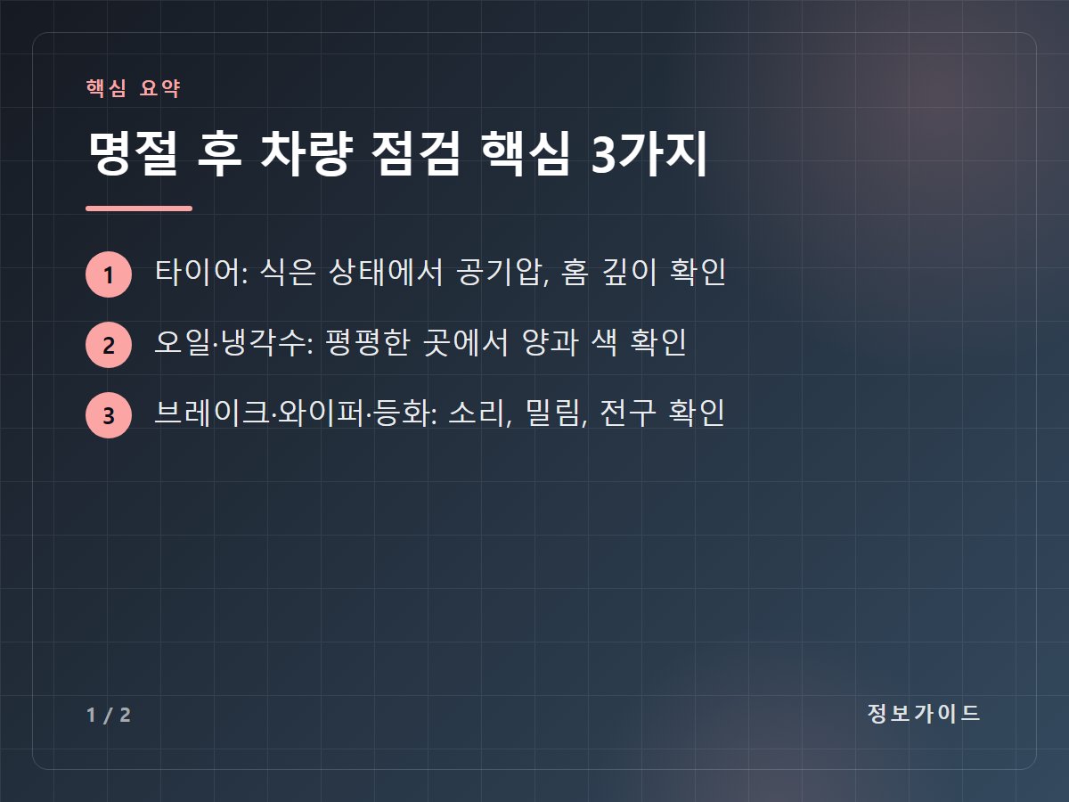 명절 후 차량 점검 핵심 3가지 — 타이어: 식은 상태에서 공기압, 홈 깊이 확인 / 오일·냉각수: 평평한 곳에서 양과 색 확인 / 브레이크·와이퍼·등화: 소리, 밀림, 전구 확인