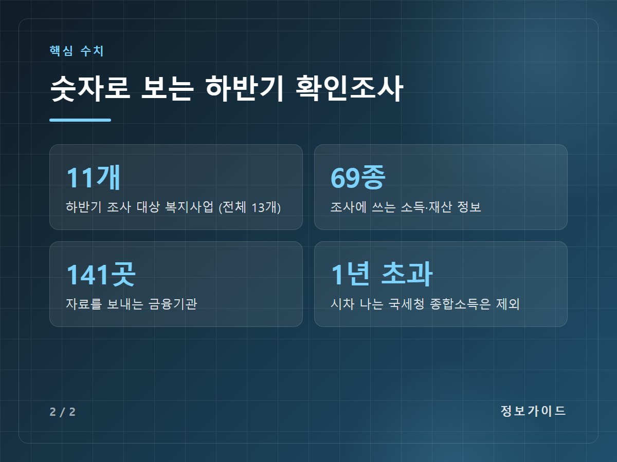 숫자로 보는 하반기 확인조사 — 11개 하반기 조사 대상 복지사업 (전체 13개) / 69종 조사에 쓰는 소득·재산 정보 / 141곳 자료를 보내는 금융기관 / 1년 초과 시차 나는 국세청 종합소득은 제외