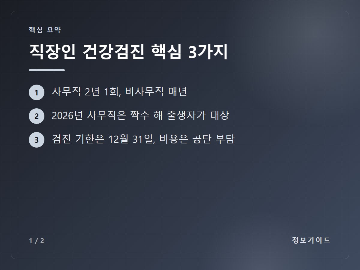 직장인 건강검진 핵심 3가지 — 사무직 2년 1회, 비사무직 매년 / 2026년 사무직은 짝수 해 출생자가 대상 / 검진 기한은 12월 31일, 비용은 공단 부담
