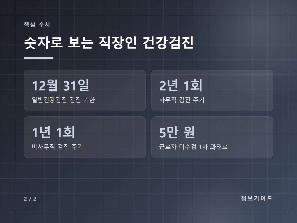 숫자로 보는 직장인 건강검진 — 12월 31일 일반건강검진 검진 기한 / 2년 1회 사무직 검진 주기 / 1년 1회 비사무직 검진 주기 / 5만 원 근로자 미수검 1차 과태료