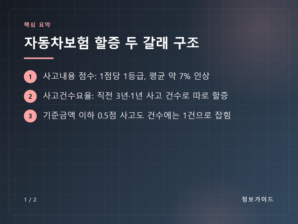 자동차보험 할증 두 갈래 구조 — 사고내용 점수: 1점당 1등급, 평균 약 7% 인상 / 사고건수요율: 직전 3년·1년 사고 건수로 따로 할증 / 기준금액 이하 0.5점 사고도 건수에는 1건으로 잡힘