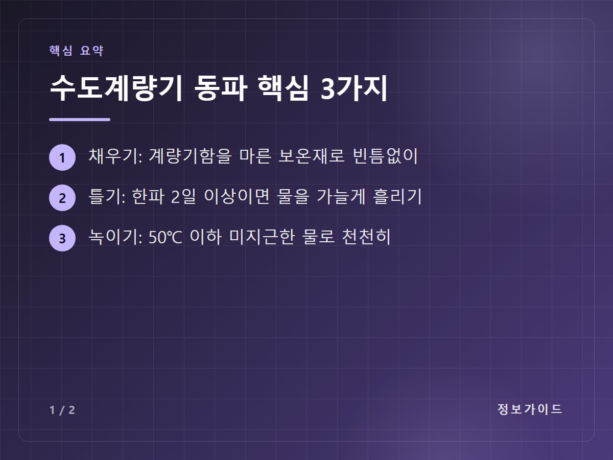 수도계량기 동파 핵심 3가지 — 채우기: 계량기함을 마른 보온재로 빈틈없이 / 틀기: 한파 2일 이상이면 물을 가늘게 흘리기 / 녹이기: 50℃ 이하 미지근한 물로 천천히