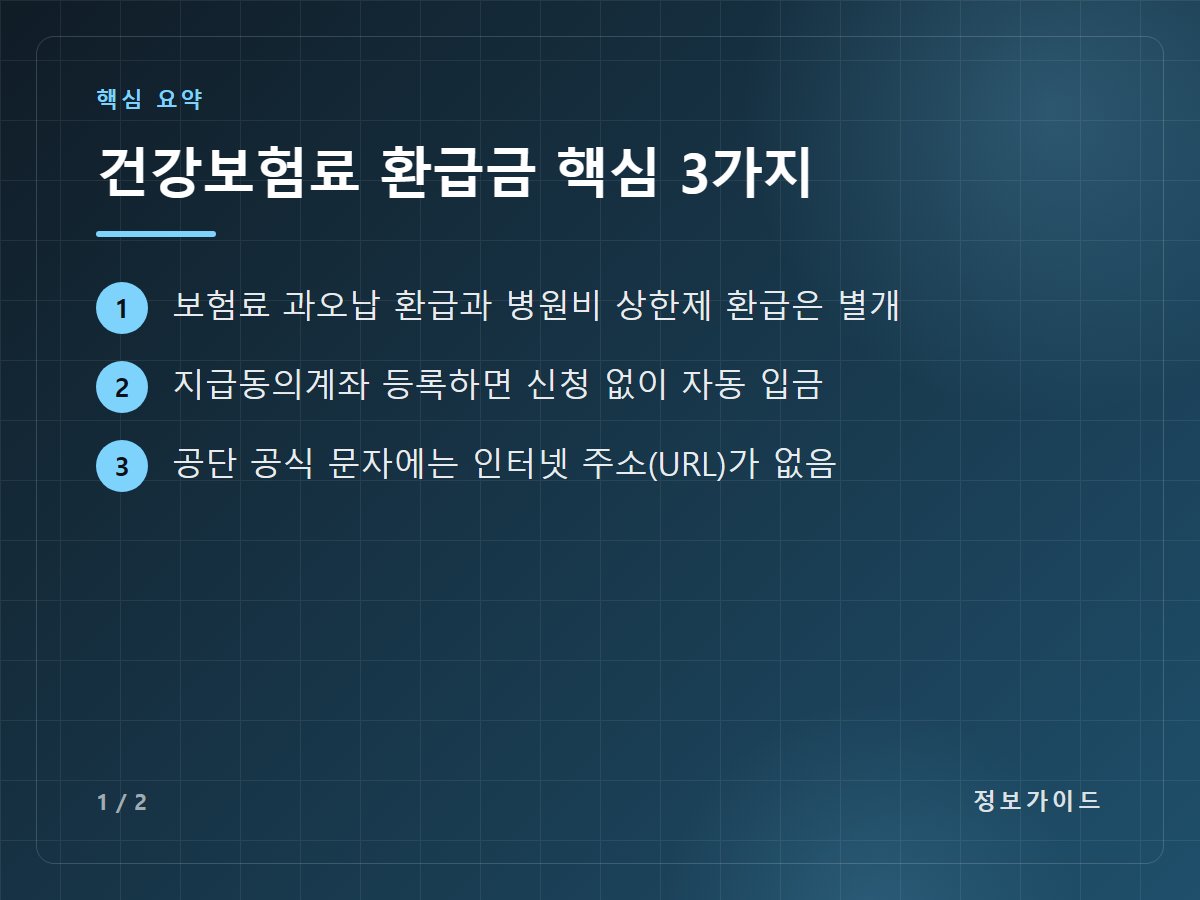 건강보험료 환급금 핵심 3가지 — 보험료 과오납 환급과 병원비 상한제 환급은 별개 / 지급동의계좌 등록하면 신청 없이 자동 입금 / 공단 공식 문자에는 인터넷 주소(URL)가 없음