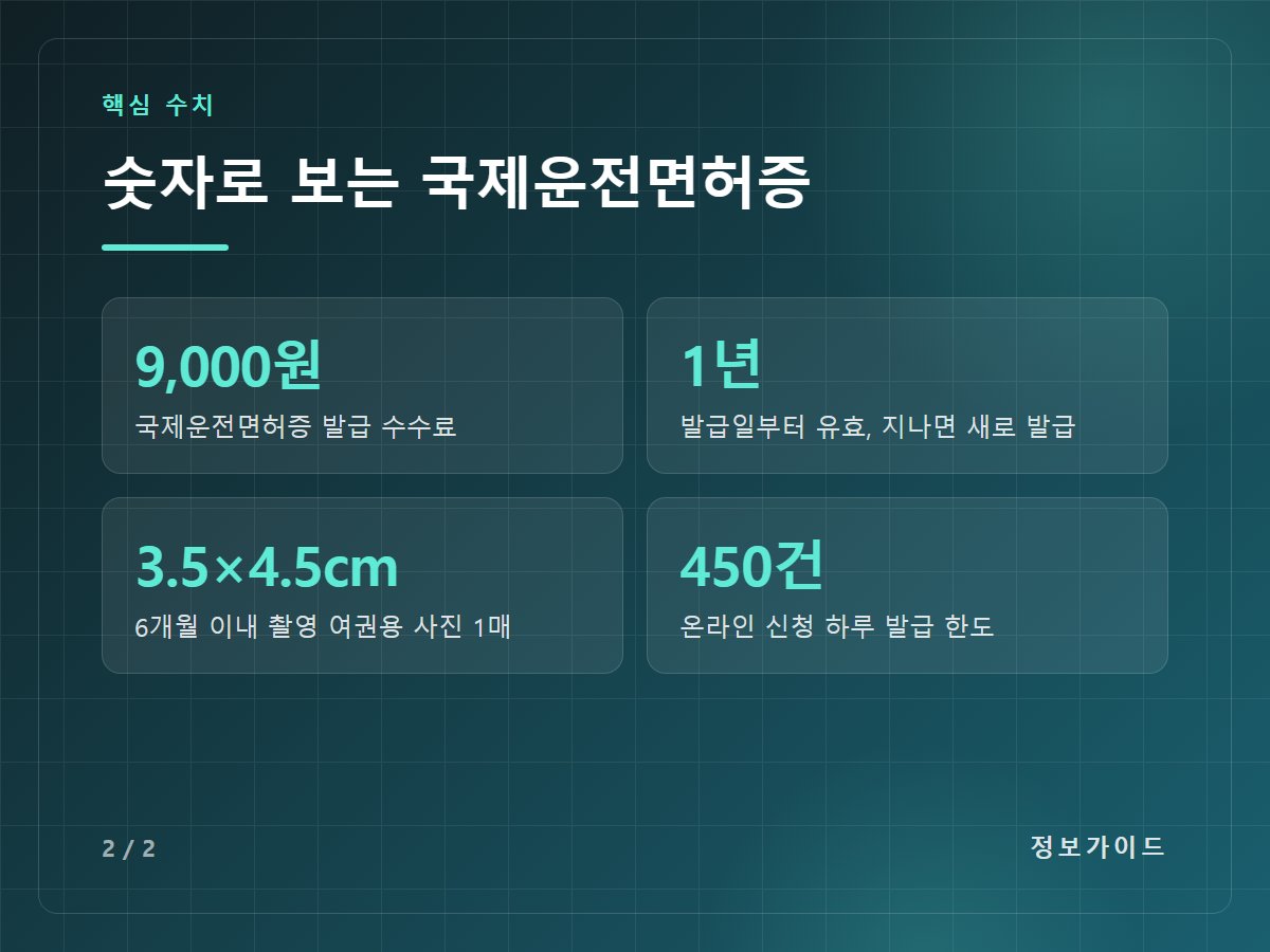 숫자로 보는 국제운전면허증 — 9,000원 국제운전면허증 발급 수수료 / 1년 발급일부터 유효, 지나면 새로 발급 / 3.5×4.5cm 6개월 이내 촬영 여권용 사진 1매 / 450건 온라인 신청 하루 발급 한도