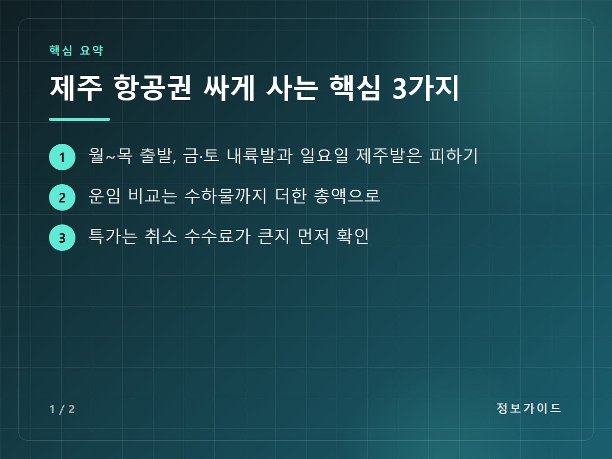 제주 항공권 싸게 사는 핵심 3가지 — 월~목 출발, 금·토 내륙발과 일요일 제주발은 피하기 / 운임 비교는 수하물까지 더한 총액으로 / 특가는 취소 수수료가 큰지 먼저 확인