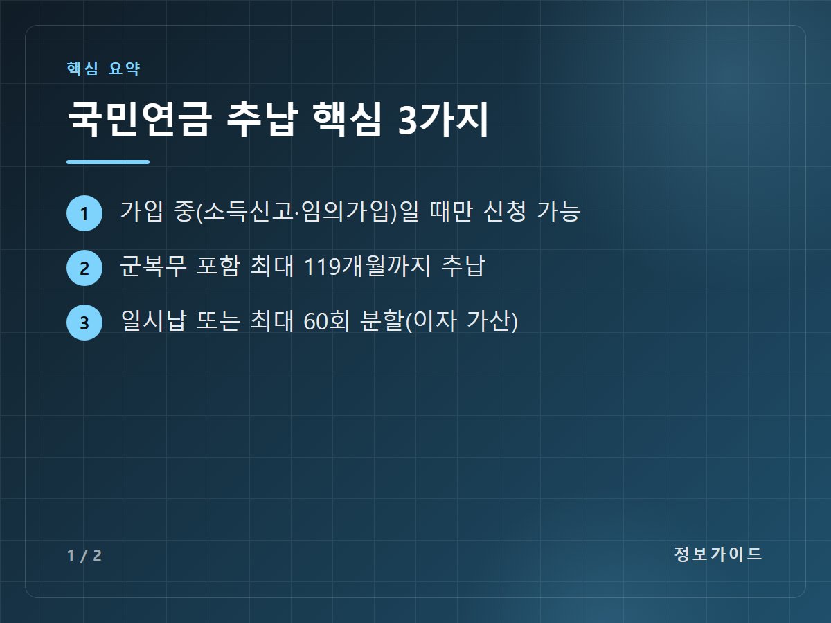 국민연금 추납 핵심 3가지 — 가입 중(소득신고·임의가입)일 때만 신청 가능 / 군복무 포함 최대 119개월까지 추납 / 일시납 또는 최대 60회 분할(이자 가산)