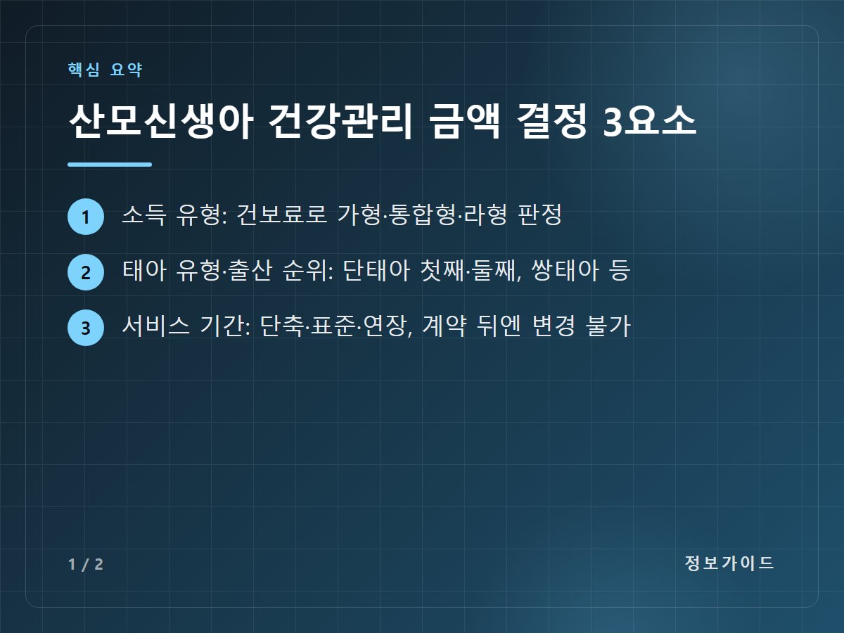 산모신생아 건강관리 금액 결정 3요소 — 소득 유형: 건보료로 가형·통합형·라형 판정 / 태아 유형·출산 순위: 단태아 첫째·둘째, 쌍태아 등 / 서비스 기간: 단축·표준·연장, 계약 뒤엔 변경 불가
