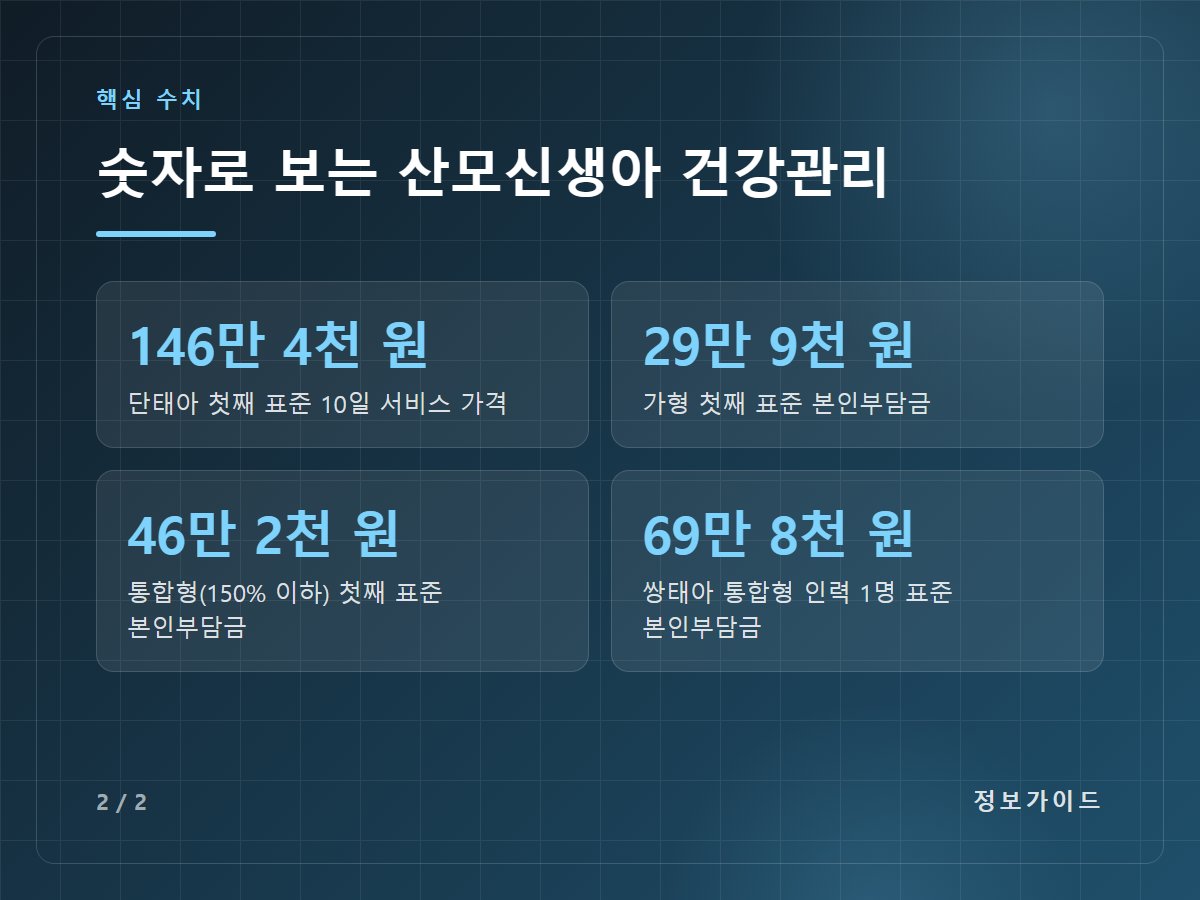 숫자로 보는 산모신생아 건강관리 — 146만 4천 원 단태아 첫째 표준 10일 서비스 가격 / 29만 9천 원 가형 첫째 표준 본인부담금 / 46만 2천 원 통합형(150% 이하) 첫째 표준 본인부담금 / 69만 8천 원 쌍태아 통합형 인력 1명 표준 본인부담금