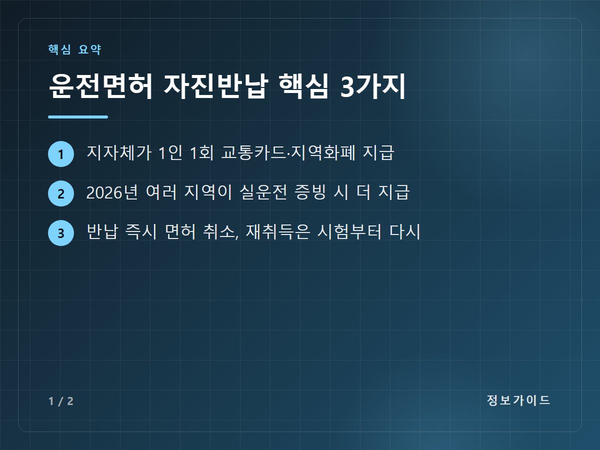 운전면허 자진반납 핵심 3가지 — 지자체가 1인 1회 교통카드·지역화폐 지급 / 2026년 여러 지역이 실운전 증빙 시 더 지급 / 반납 즉시 면허 취소, 재취득은 시험부터 다시