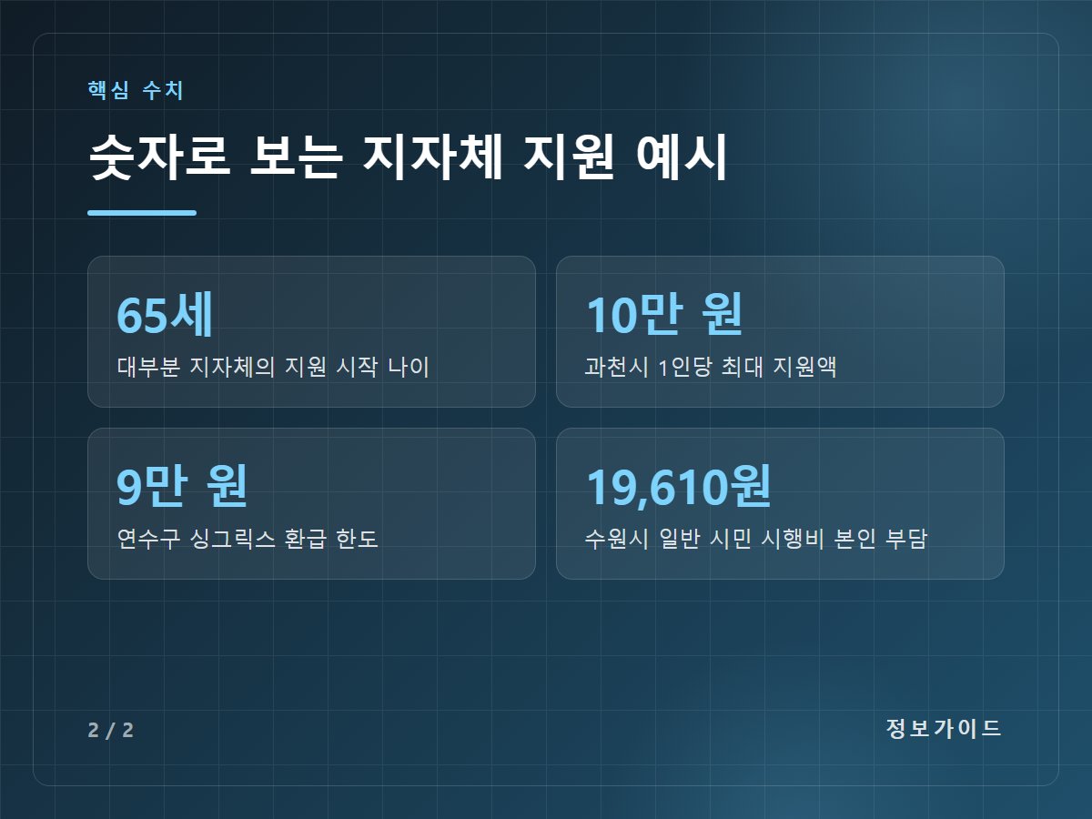 숫자로 보는 지자체 지원 예시 — 65세 대부분 지자체의 지원 시작 나이 / 10만 원 과천시 1인당 최대 지원액 / 9만 원 연수구 싱그릭스 환급 한도 / 19,610원 수원시 일반 시민 시행비 본인 부담