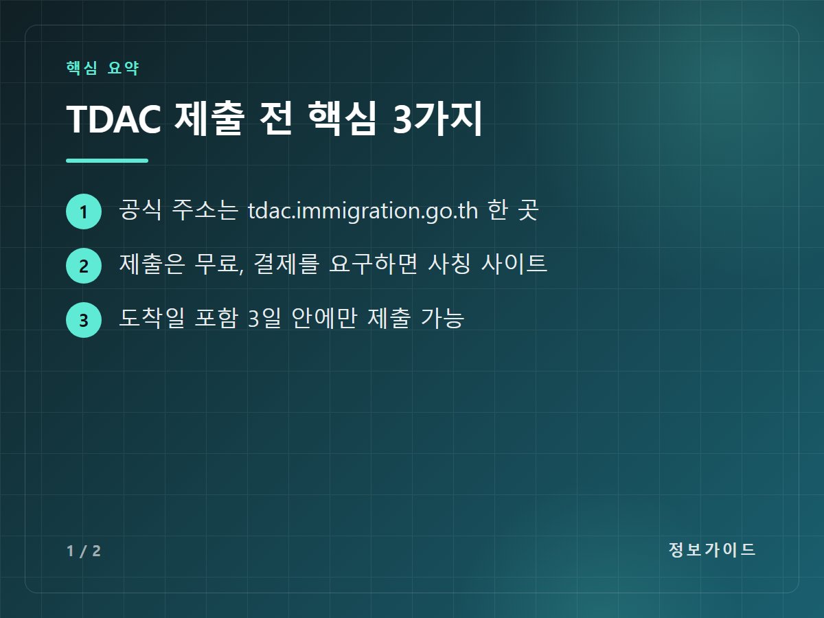 TDAC 제출 전 핵심 3가지 — 공식 주소는 tdac.immigration.go.th 한 곳 / 제출은 무료, 결제를 요구하면 사칭 사이트 / 도착일 포함 3일 안에만 제출 가능