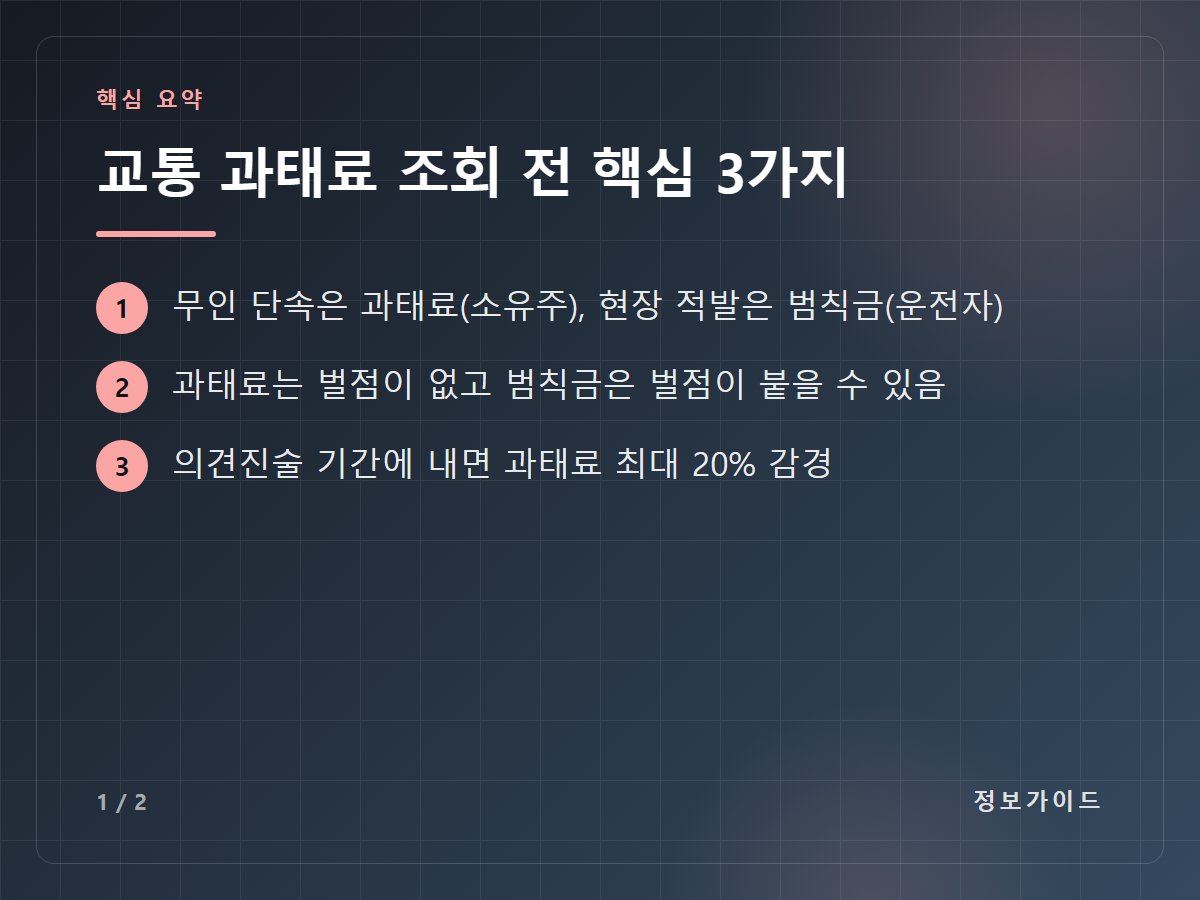 교통 과태료 조회 전 핵심 3가지 — 무인 단속은 과태료(소유주), 현장 적발은 범칙금(운전자) / 과태료는 벌점이 없고 범칙금은 벌점이 붙을 수 있음 / 의견진술 기간에 내면 과태료 최대 20% 감경