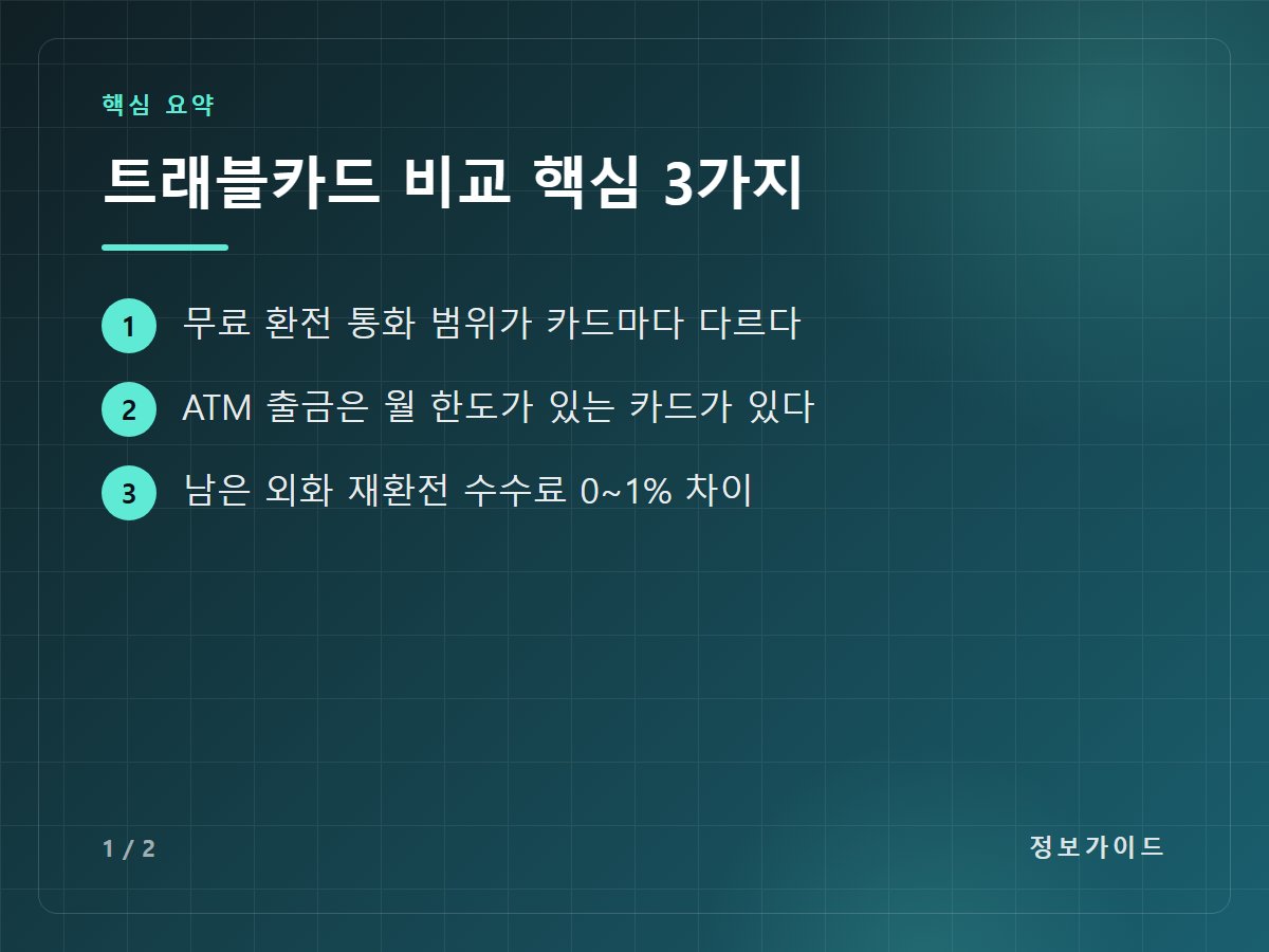 트래블카드 비교 핵심 3가지 — 무료 환전 통화 범위가 카드마다 다르다 / ATM 출금은 월 한도가 있는 카드가 있다 / 남은 외화 재환전 수수료 0~1% 차이
