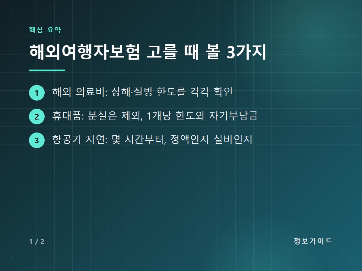 해외여행자보험 고를 때 볼 3가지 — 해외 의료비: 상해·질병 한도를 각각 확인 / 휴대품: 분실은 제외, 1개당 한도와 자기부담금 / 항공기 지연: 몇 시간부터, 정액인지 실비인지
