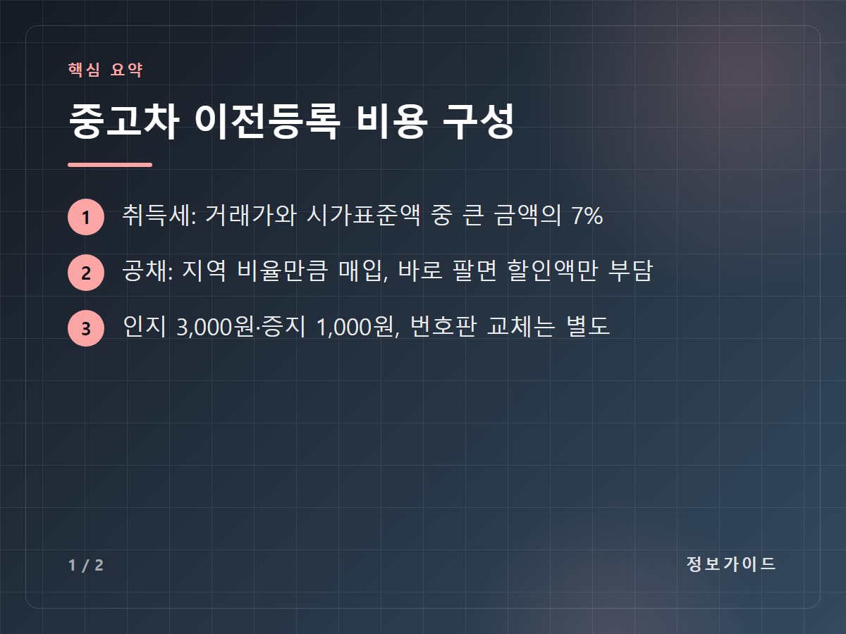 중고차 이전등록 비용 구성 — 취득세: 거래가와 시가표준액 중 큰 금액의 7% / 공채: 지역 비율만큼 매입, 바로 팔면 할인액만 부담 / 인지 3,000원·증지 1,000원, 번호판 교체는 별도