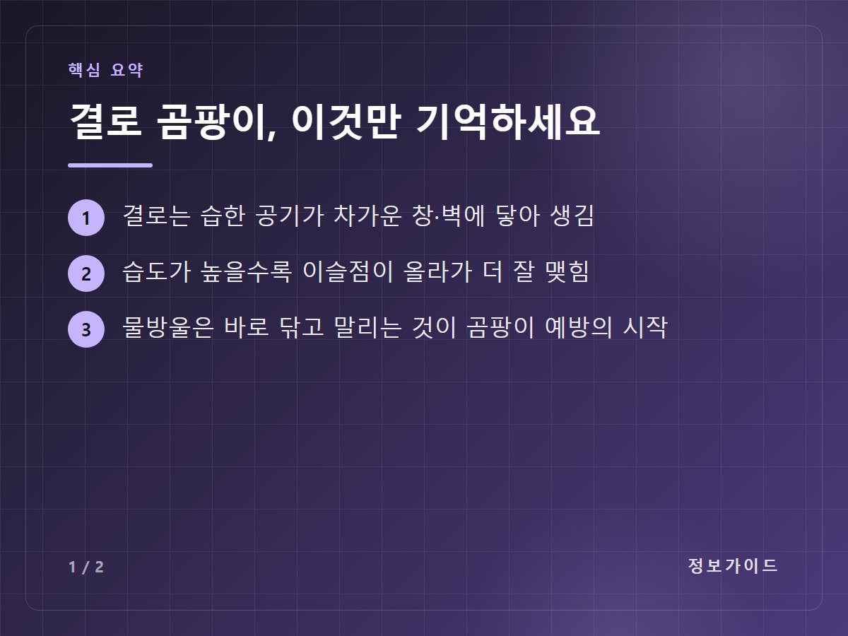 결로 곰팡이, 이것만 기억하세요 — 결로는 습한 공기가 차가운 창·벽에 닿아 생김 / 습도가 높을수록 이슬점이 올라가 더 잘 맺힘 / 물방울은 바로 닦고 말리는 것이 곰팡이 예방의 시작